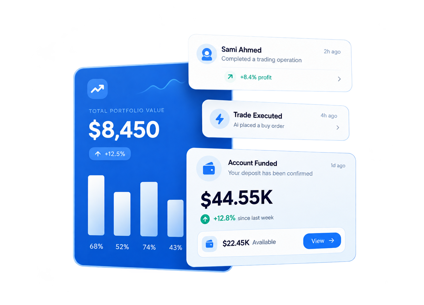Illustration of a portfolio value card with trade and deposit notifications