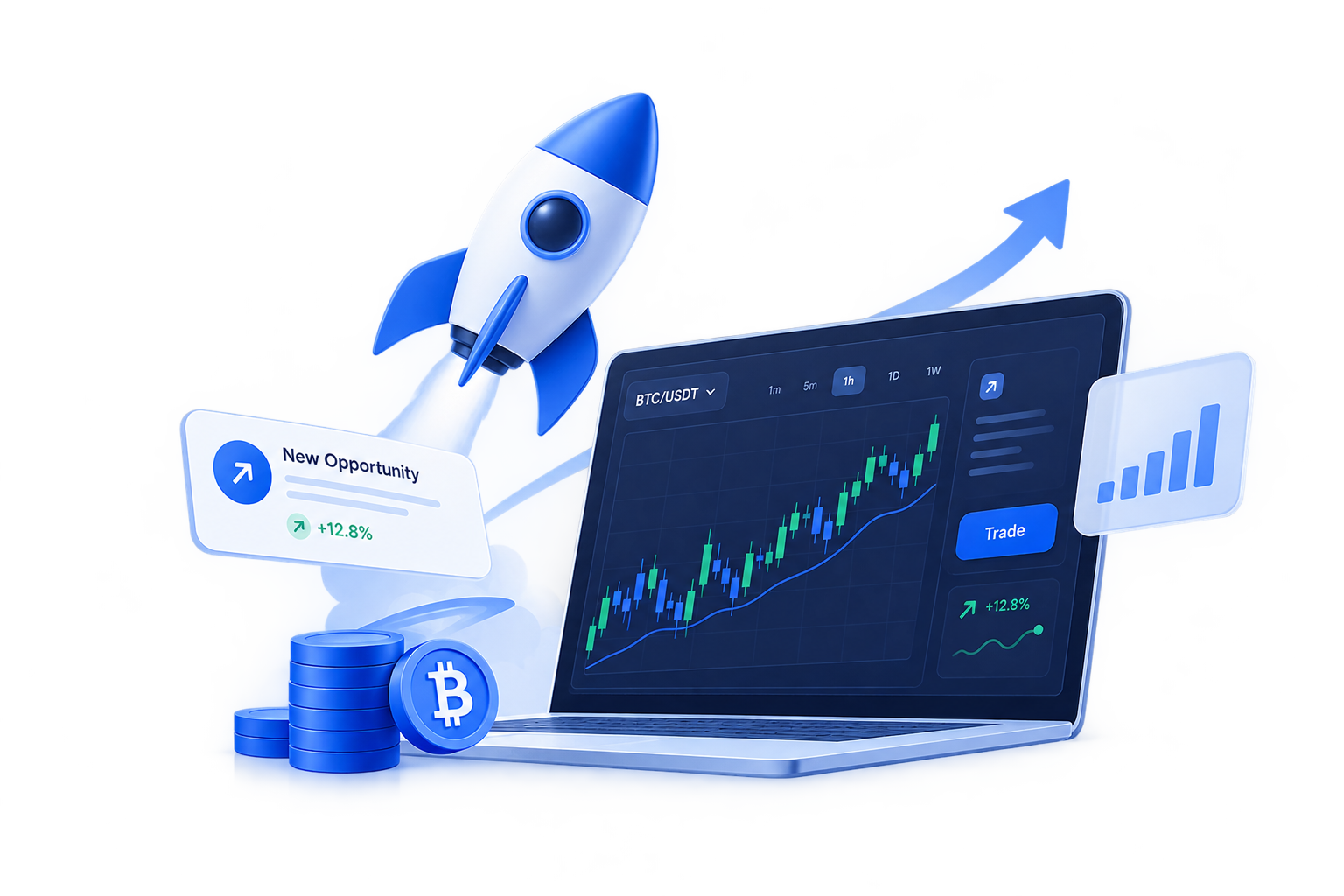 Illustration of a rocket beside a laptop showing a rising crypto chart