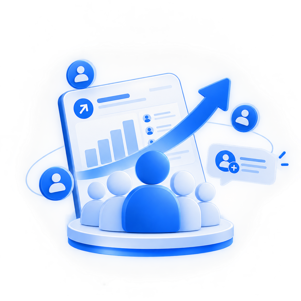 Illustration of a rising chart above a group of people and user cards