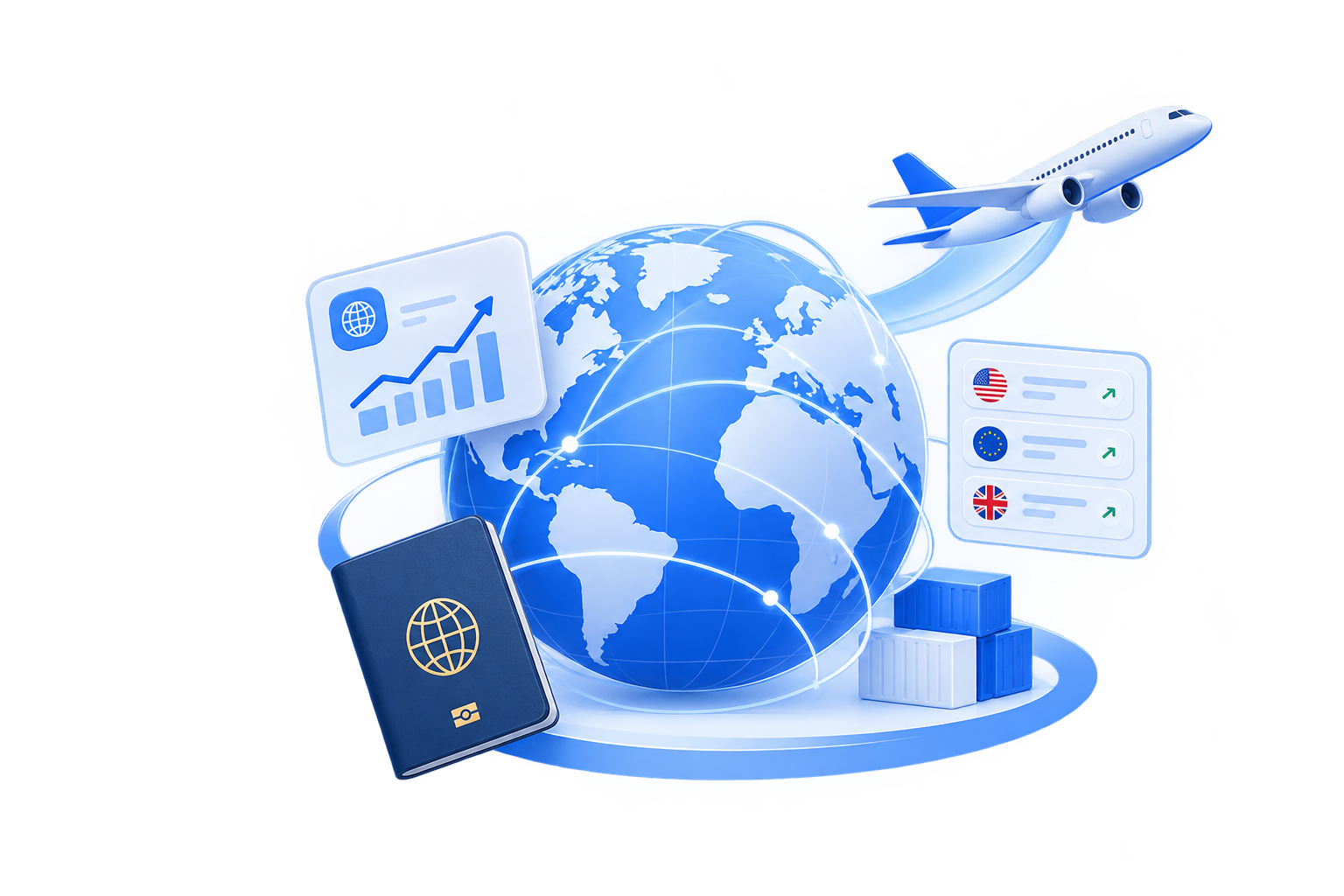 Illustration of a globe with a plane, passport and country cards