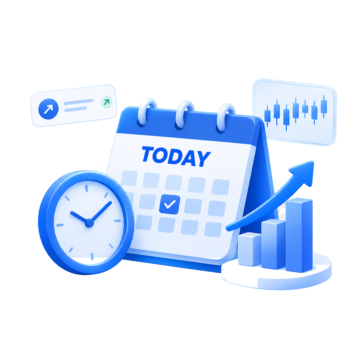 Illustration of a calendar marked Today with a clock and a rising bar chart