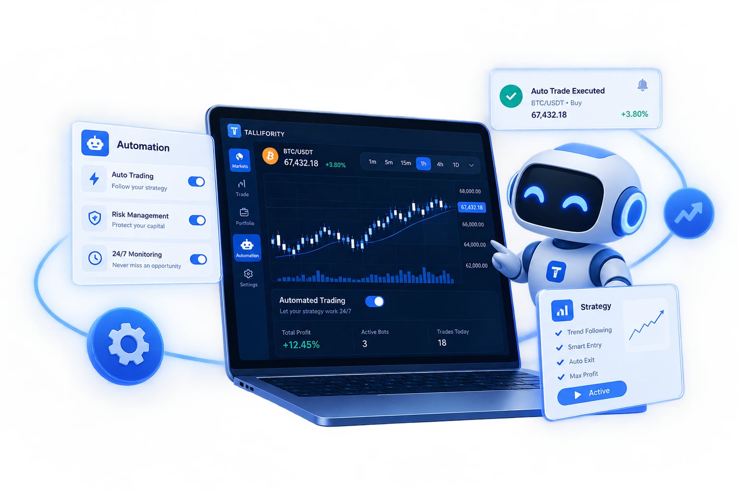 Illustration of the automation screen with a trading robot and strategy cards.