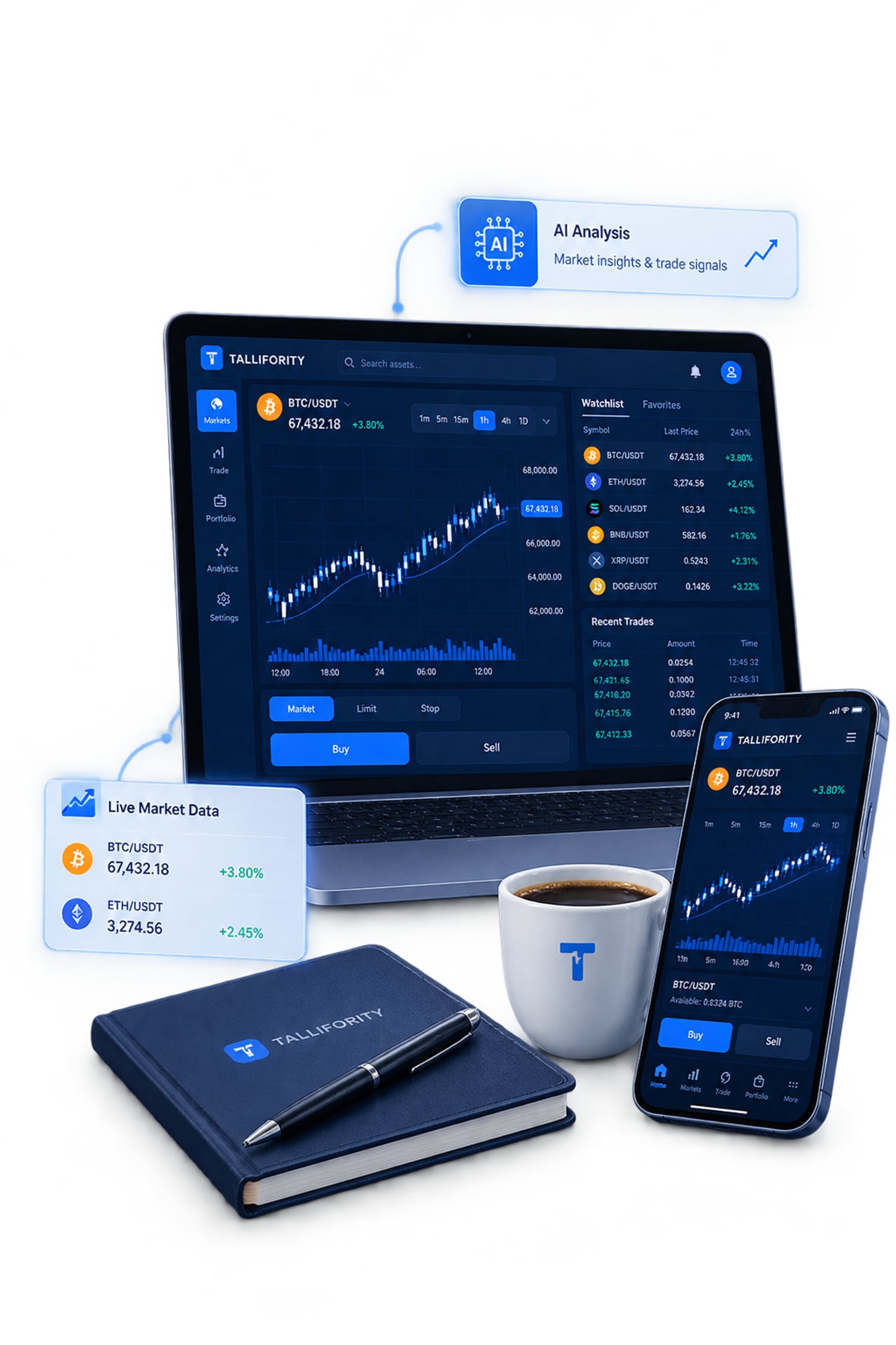 Illustration of the Tallifority platform on a laptop and phone with AI analysis and live market cards.